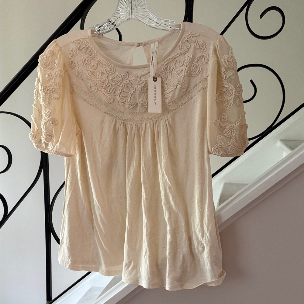 Anthropologie Cream Lace-Embroidered Chemise Top